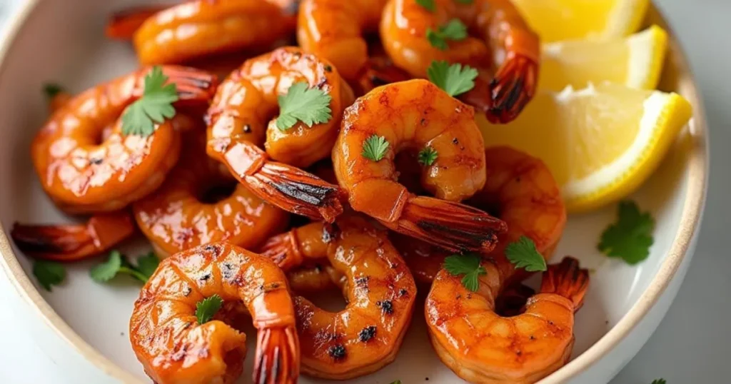 Plate of authentic New Orleans BBQ shrimp garnished with fresh cilantro and served with lemon wedges.