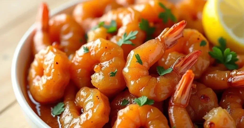 Close-up of a bowl of New Orleans BBQ shrimp in a flavorful sauce, garnished with fresh parsley and served with a lemon slice