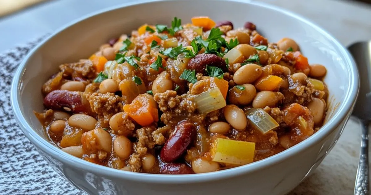 A hearty bowl of calico beans with ground beef, kidney beans, white beans, and vegetables, garnished with fresh parsley.