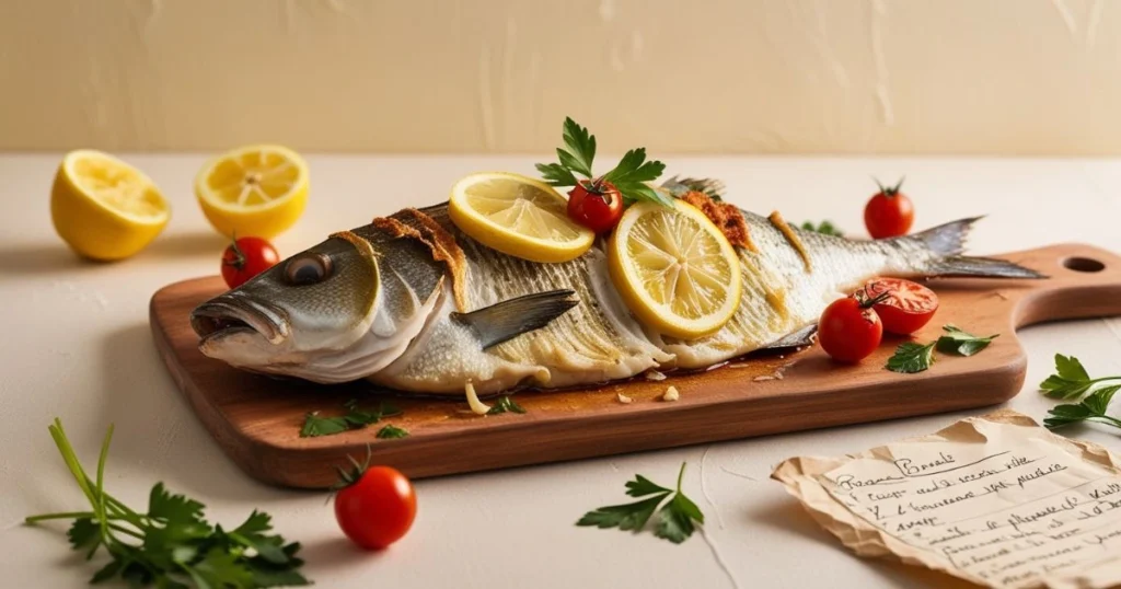 Whole roasted branzino fish garnished with lemon slices, cherry tomatoes, and parsley, served on a wooden board.