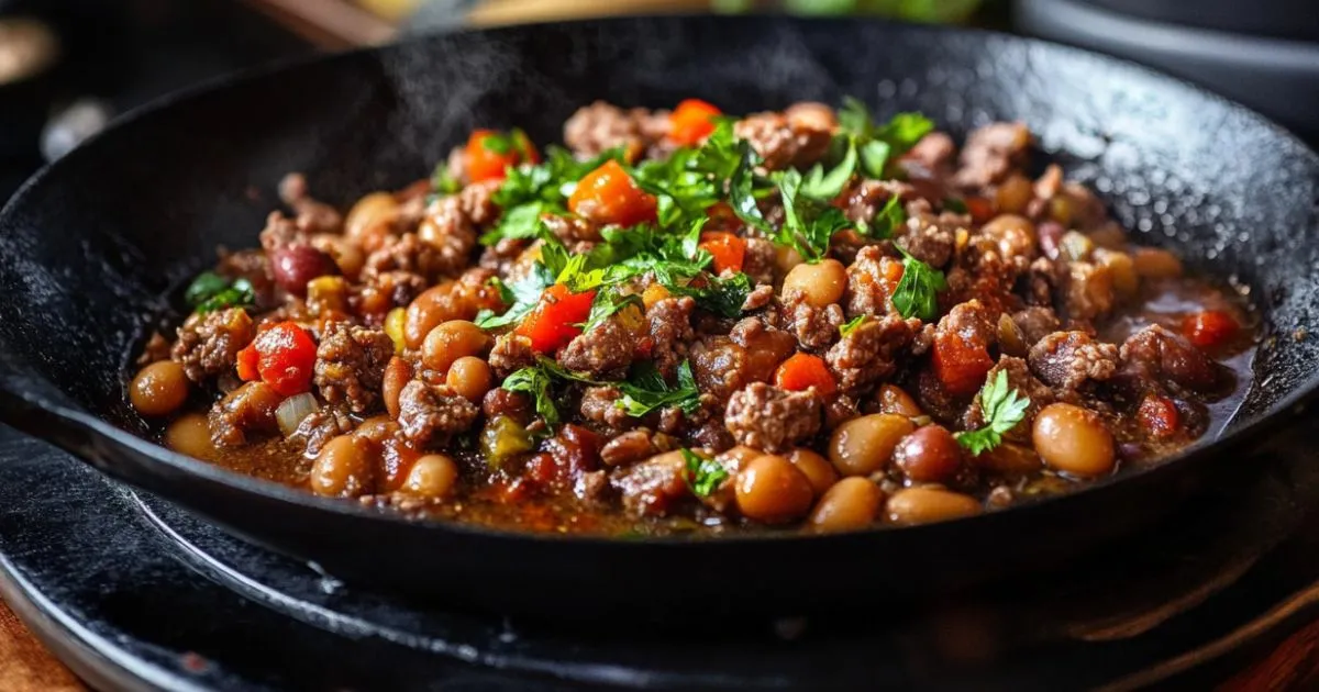 A skillet of calico beans cooked with ground beef, tomatoes, and fresh herbs, garnished with parsley.