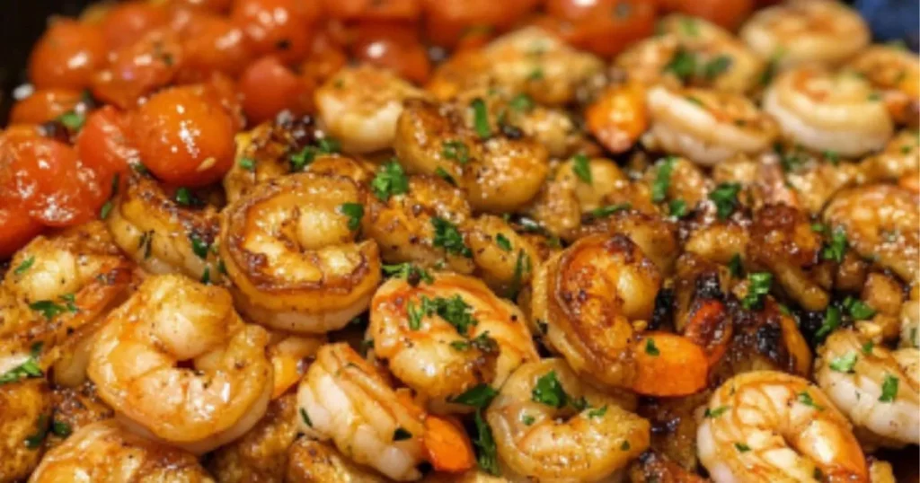 A close-up of cooked shrimp garnished with fresh herbs, served with roasted cherry tomatoes.