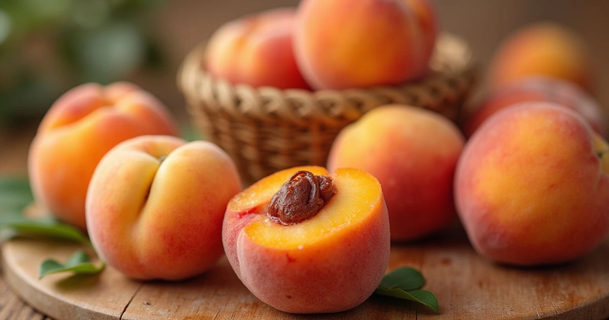 Fresh peaches on a wooden surface, with one peach cut open to reveal the pit.