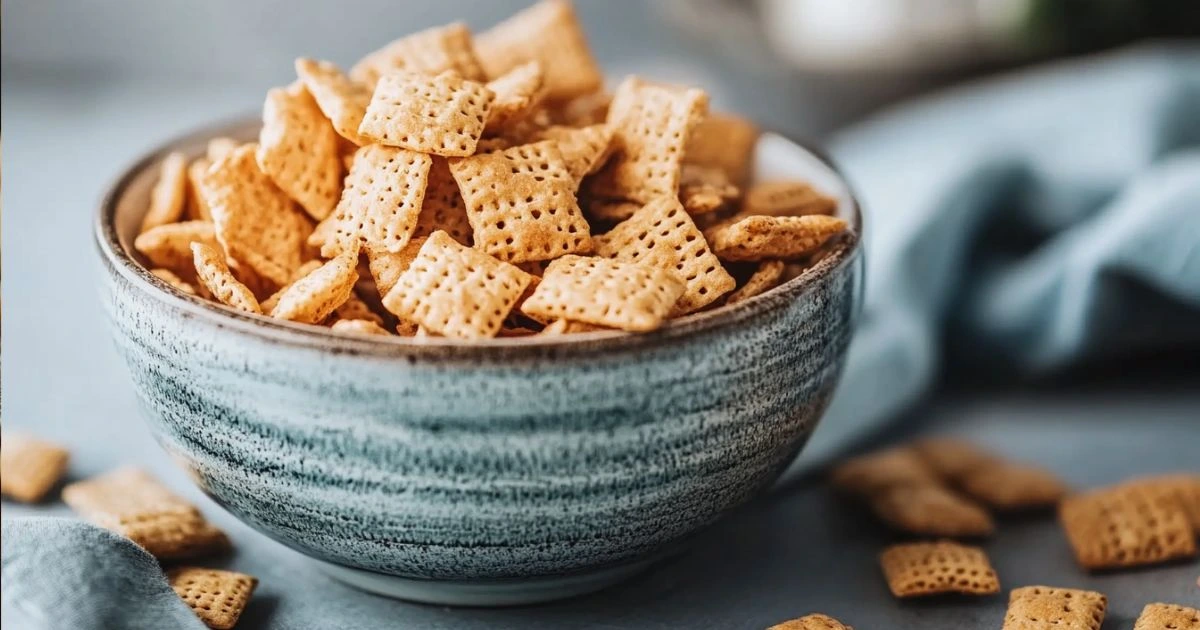 A ceramic bowl filled with crispy Chex cereal pieces, placed on a light blue surface with scattered cereal pieces around.