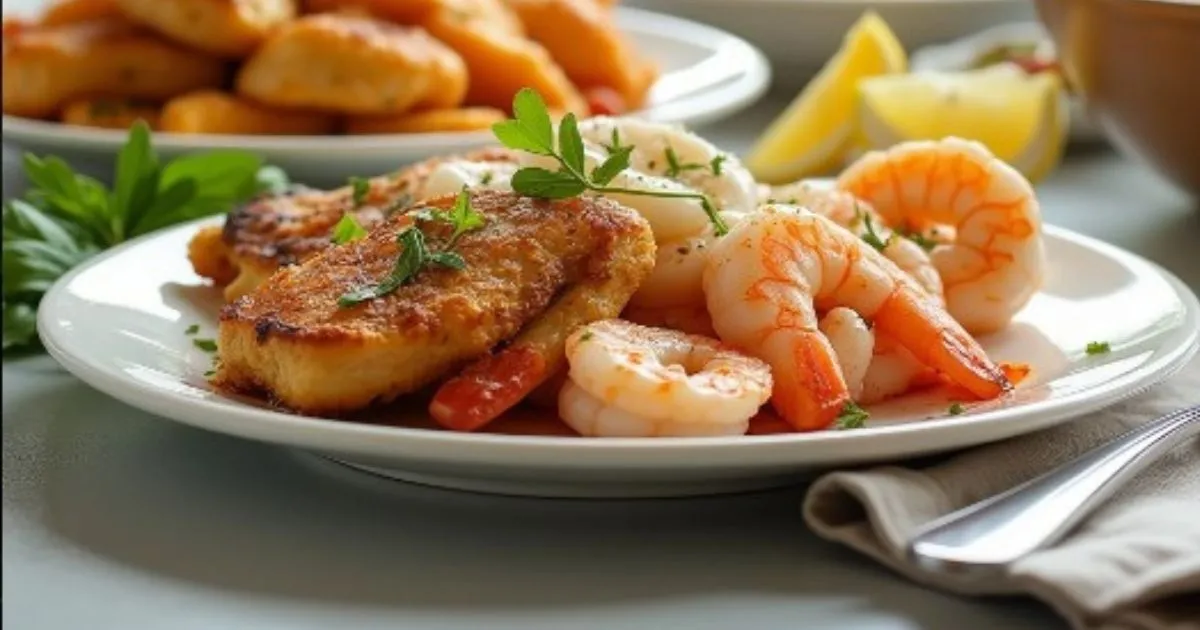 A plated dish featuring golden-brown chicken cutlets and tender shrimp garnished with fresh herbs, served with lemon wedges and a side of bread.