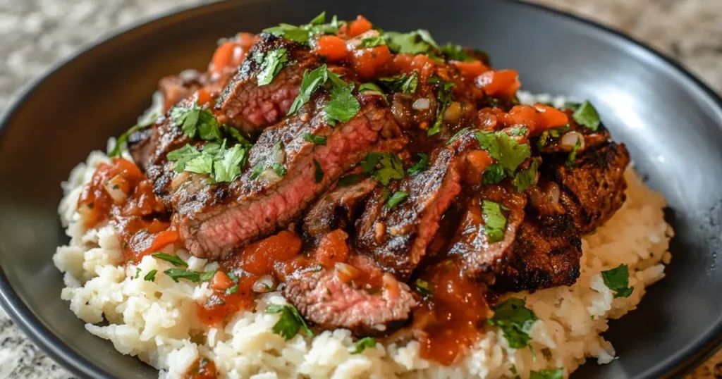 Sliced grilled chipotle steak served over a bed of fluffy rice and topped with fresh tomato salsa and chopped cilantro.