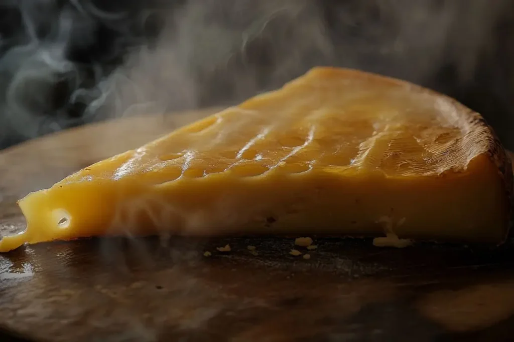 A close-up of a wedge of smoked Gouda cheese with visible smoke on a rustic wooden board.