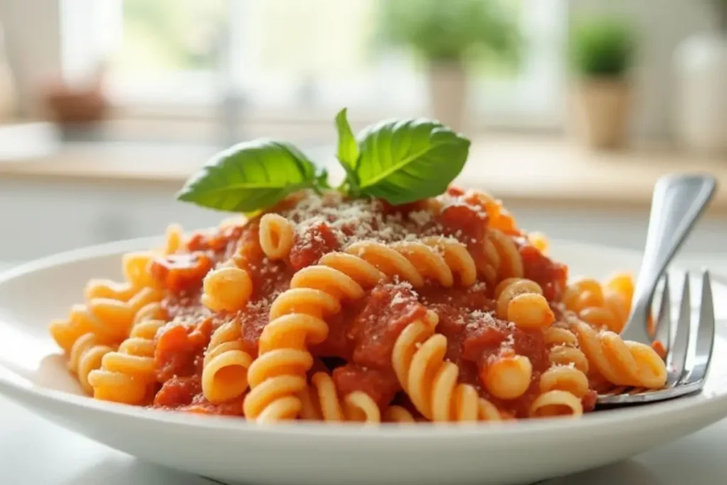 A plate of corkscrew pasta topped with a rich tomato sauce, garnished with fresh basil and grated Parmesan, served in a white bowl with a fork on the side.