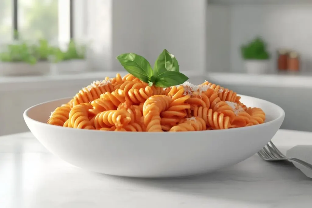 A bowl of corkscrew pasta topped with a creamy tomato sauce, garnished with fresh basil leaves, served in a white dish on a marble countertop.