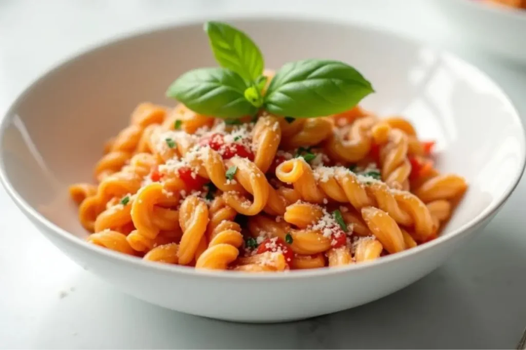 A bowl of corkscrew pasta with creamy tomato sauce, garnished with fresh basil, grated Parmesan cheese, and chopped parsley.