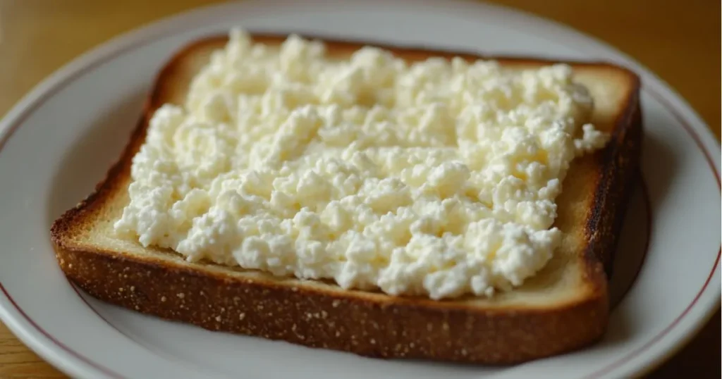 A slice of toasted bread generously topped with creamy cottage cheese on a plate.