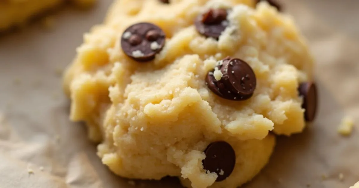 Close-up of creamy cottage cheese cookie dough topped with chocolate chips on parchment paper.