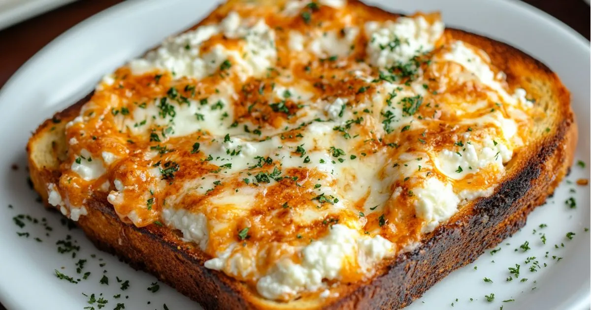 A slice of toasted bread topped with melted cheese, cottage cheese, and garnished with fresh herbs.