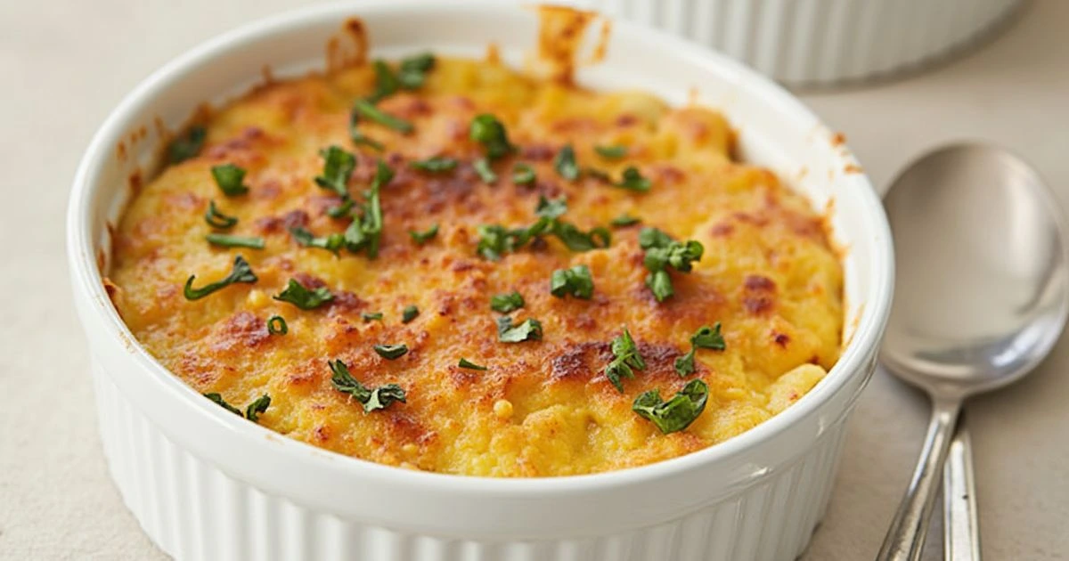 Golden-brown baked crab brûlée garnished with fresh herbs in a white ramekin.