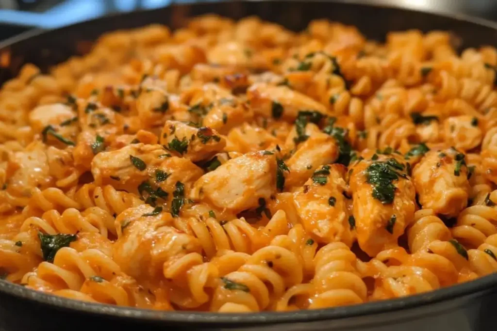 A skillet filled with Marry Me Chicken Pasta featuring rotini pasta, tender chicken chunks, and a creamy tomato-based sauce, garnished with fresh herbs.