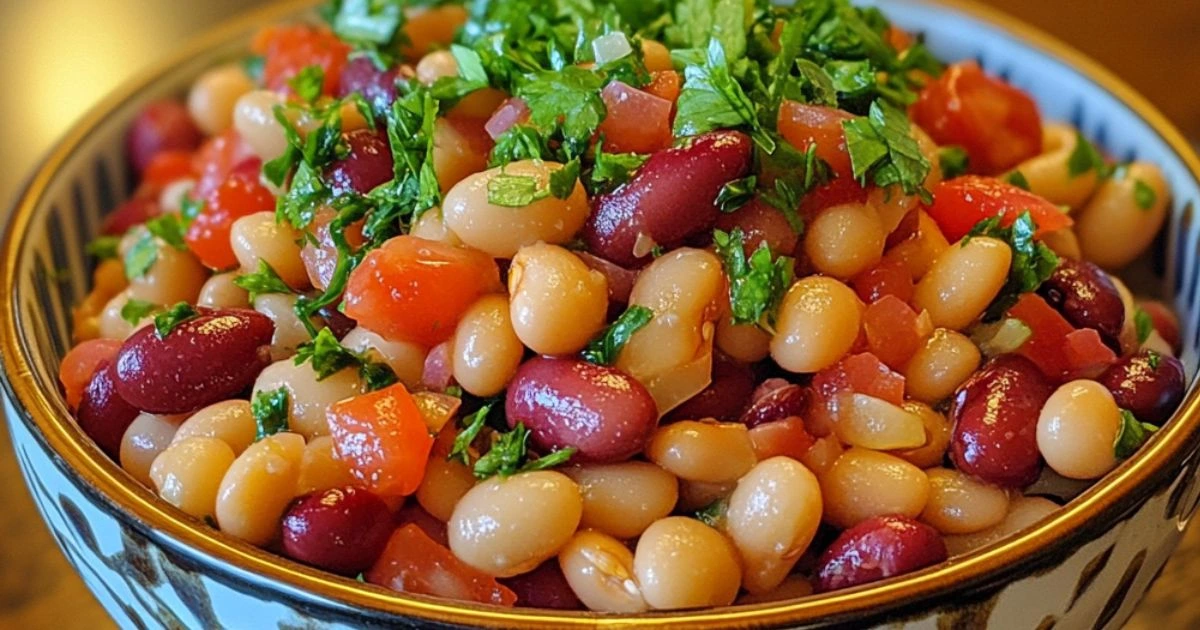 Colorful bean salad featuring red kidney beans, white beans, chopped tomatoes, and fresh parsley in a decorative bowl.