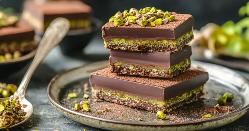 Stacked Dubai chocolate bars layered with pistachios and garnished with cocoa powder and crushed pistachios.