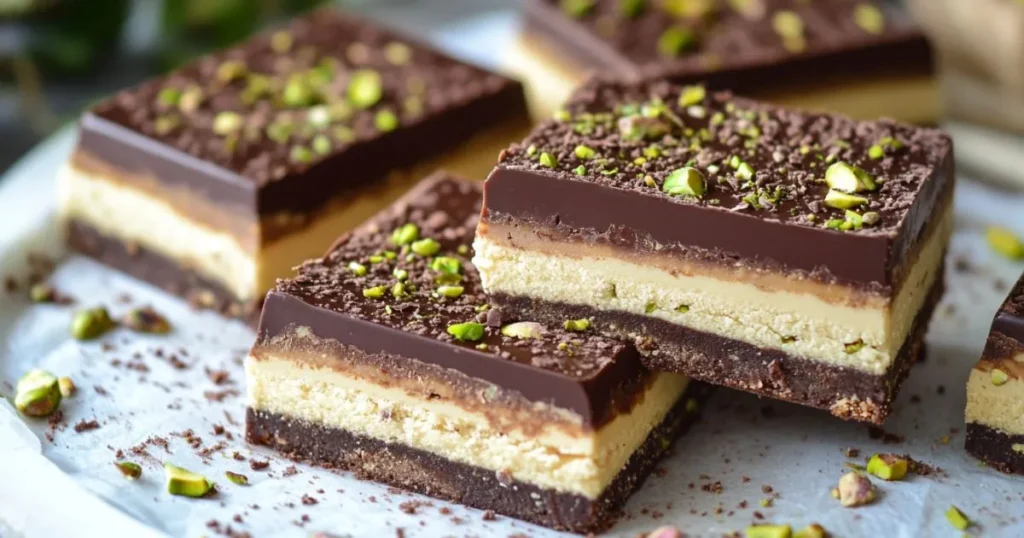 Layered Dubai chocolate bars topped with chopped pistachios, displayed on parchment paper.