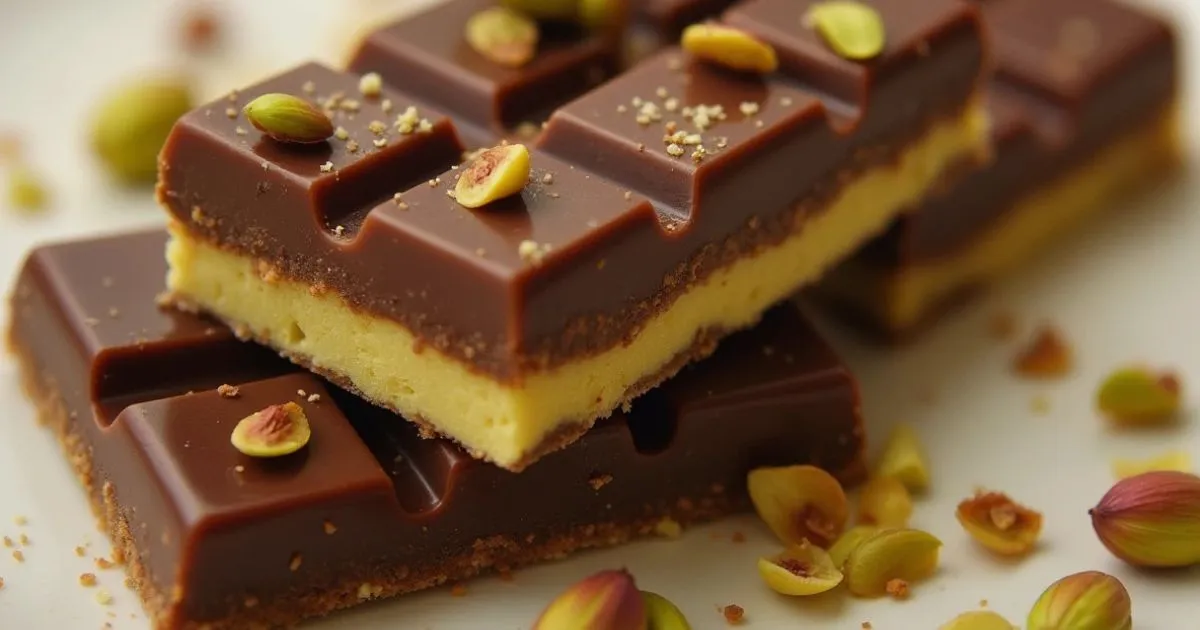 Close-up of layered Dubai chocolate bars with pistachio topping.