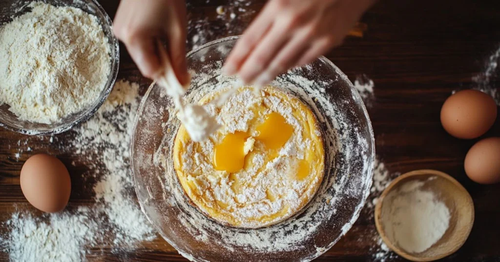 Mixing eggs and flour in a bowl during a cheesecake preparation process.