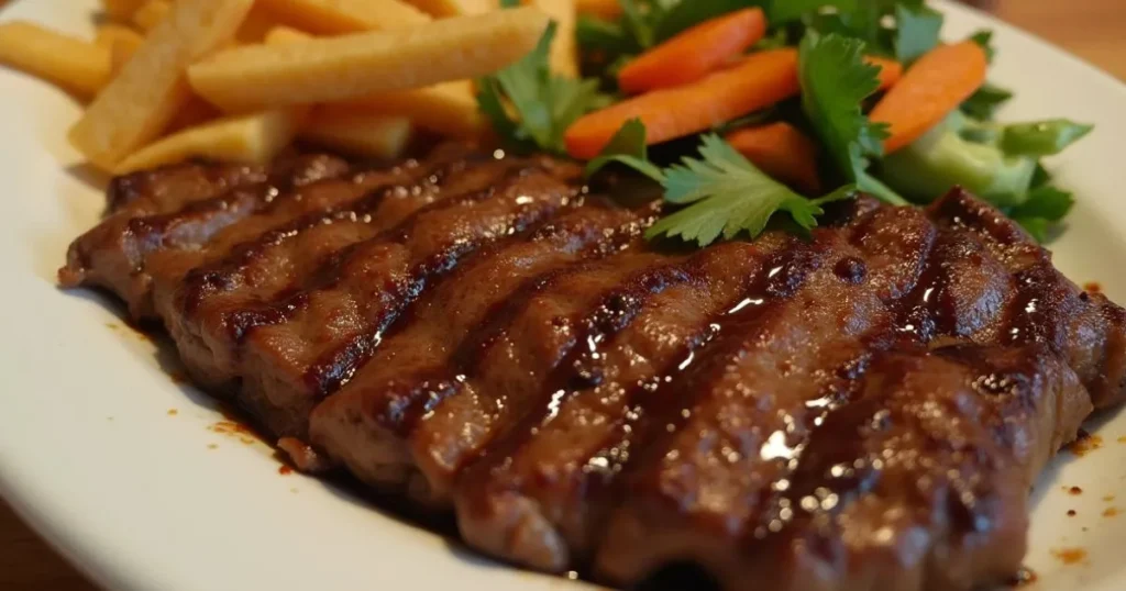 A perfectly grilled steak served with a side of golden fries and steamed vegetables, garnished with fresh parsley.