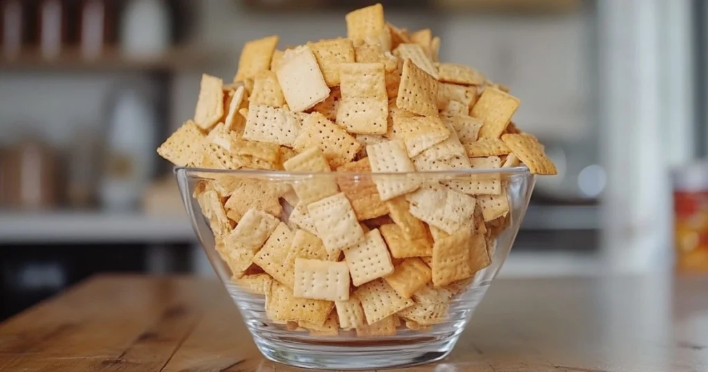 A clear glass bowl filled with golden, crispy Chex cereal, placed on a wooden table with a blurred kitchen background.