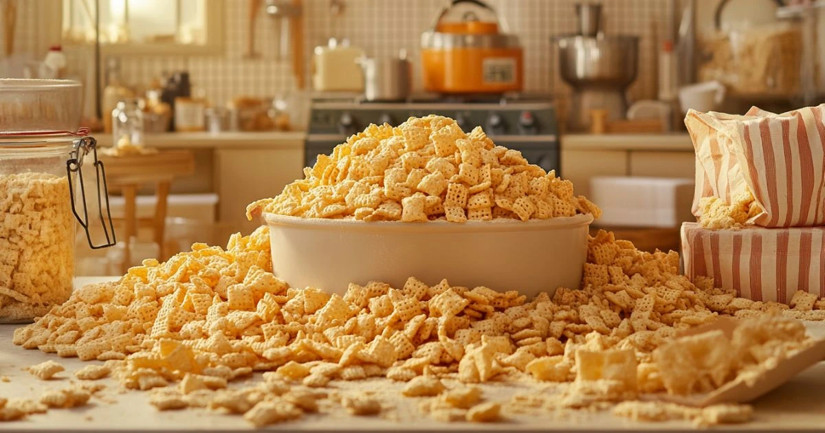 A large bowl of homemade Chex cereal surrounded by an overflowing pile of cereal on a kitchen counter with jars and baking supplies in the background.