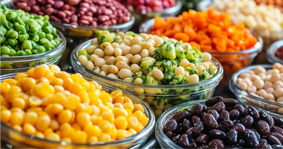 A variety of colorful beans and vegetables displayed in glass bowls, including black beans, chickpeas, corn, green peas, and diced greens.