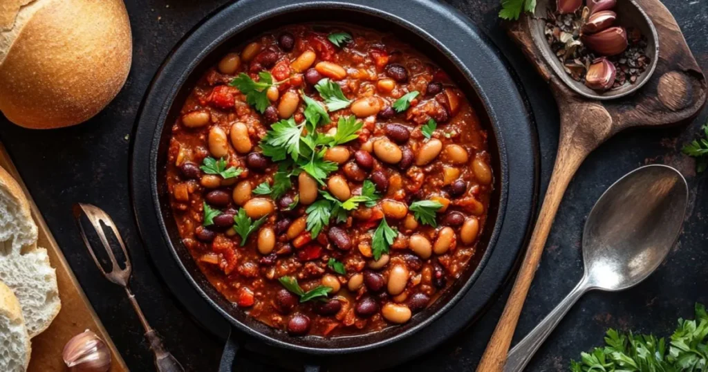 A pot of hearty calico beans with kidney beans, black beans, tomatoes, and fresh parsley garnish, served with bread on the side.