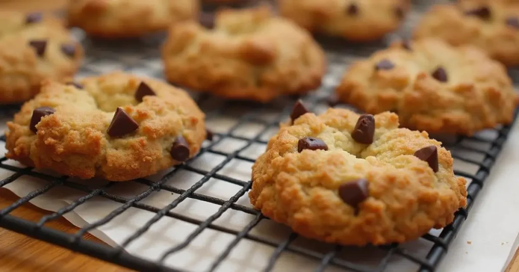 Freshly baked chocolate chip cookies cooling on a wire rack.