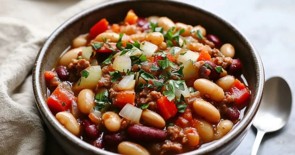 A bowl of calico beans with a rich mixture of kidney beans, white beans, ground beef, vegetables, and fresh parsley garnish.