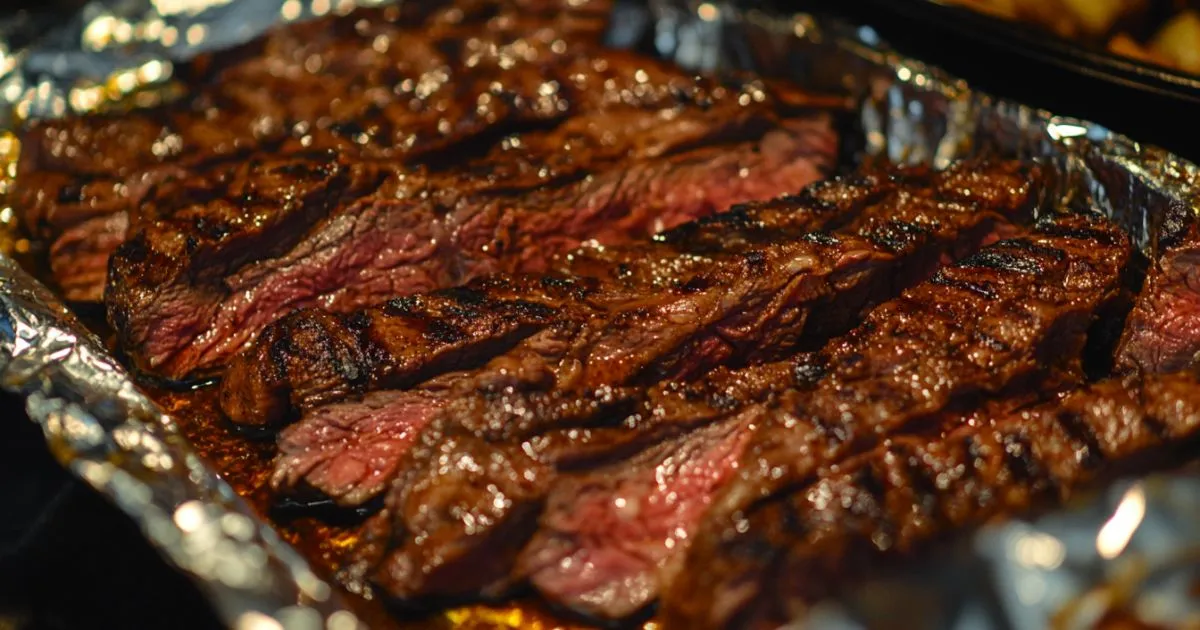 Grilled slices of steak with charred edges, resting on aluminum foil, showing a juicy and perfectly cooked interior.