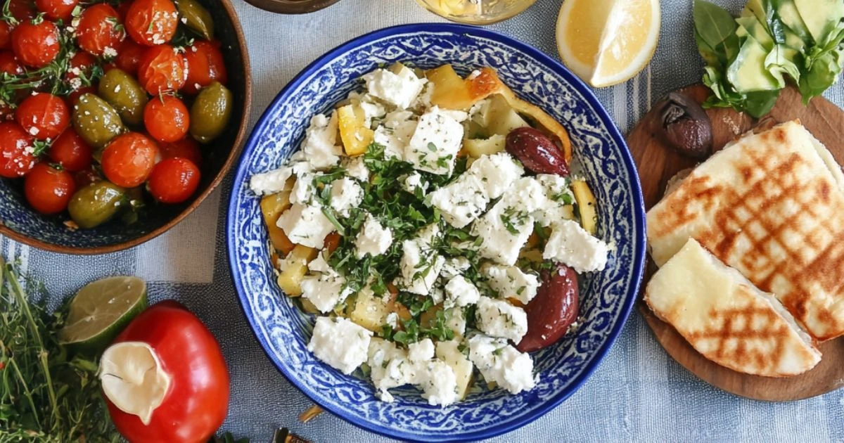 A vibrant spread of Greek-inspired dishes, including a bowl of roasted vegetables topped with feta cheese and olives, marinated cherry tomatoes and green olives, grilled pita bread, and fresh herbs.