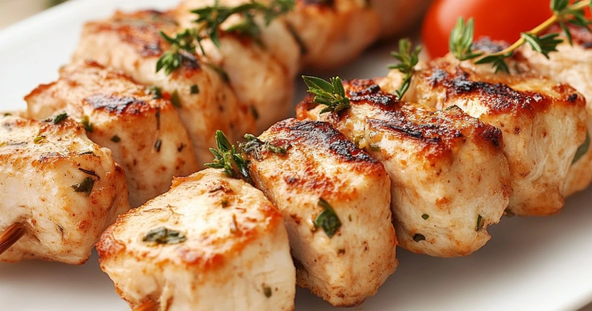 Grilled chicken skewers seasoned with herbs on a plate, showcasing a classic low-carb Greek dish.