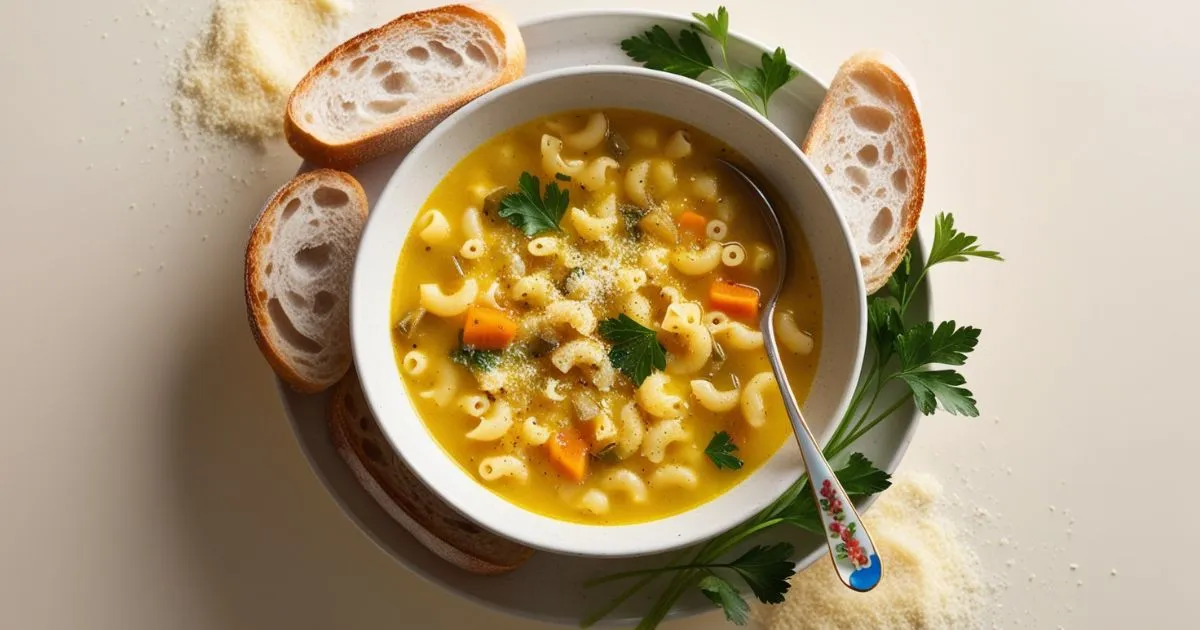 A comforting bowl of pastina soup with macaroni pasta, diced vegetables, and parsley, served with slices of bread and garnished with grated cheese.