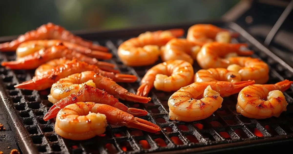 Shrimp grilling on a barbecue, with a mix of shell-on and shell-off options, showcasing golden sear marks and a smoky finish.