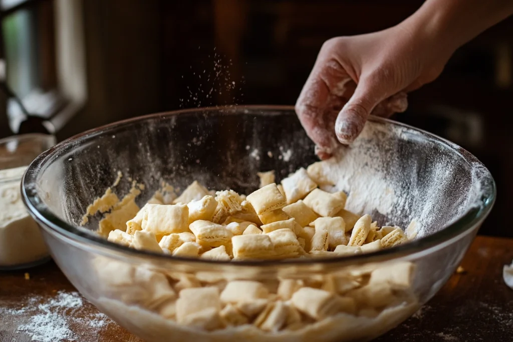 A hand mixing homemade Chex Mix pieces in a large glass bowl, surrounded by a rustic kitchen setting with flour sprinkled around.