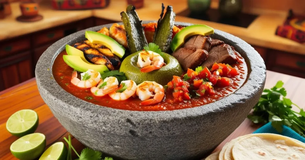 Traditional Molcajete dish featuring shrimp, avocado slices, grilled meat, roasted vegetables, and a rich red salsa, served in a volcanic stone bowl.