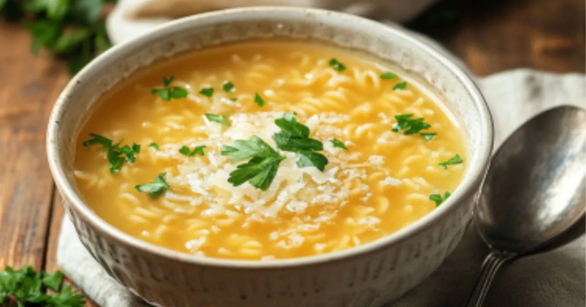 A bowl of warm pastina soup garnished with fresh parsley and grated cheese, served with a spoon.