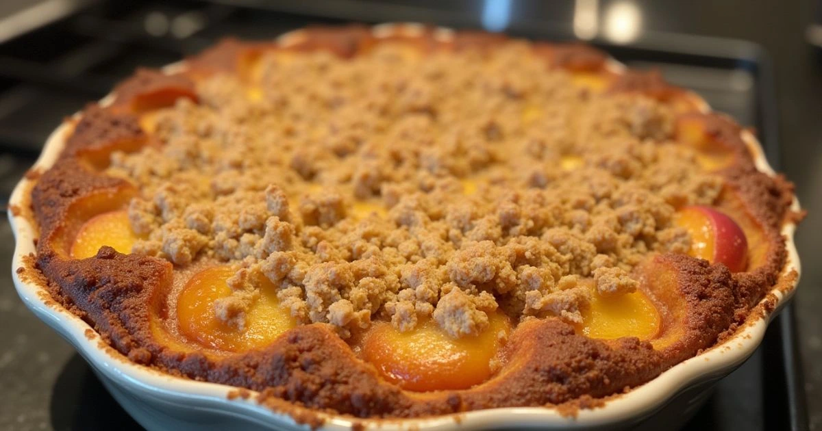 A freshly baked peach crumble in a ceramic pie dish, featuring golden-brown edges, a crumbly topping, and vibrant peach slices visible beneath the crust.