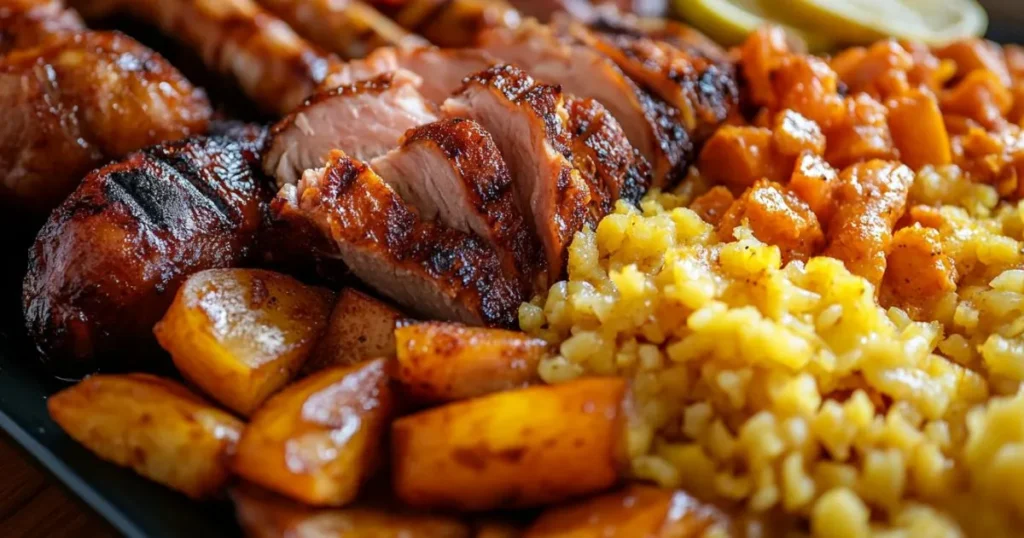 A plate of Puerto Rican-style roasted pork, caramelized plantains, seasoned potatoes, and yellow rice, served with vibrant garnishes.