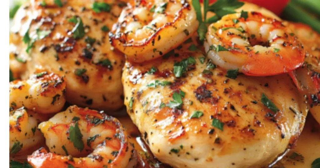 Grilled chicken breasts and shrimp garnished with fresh parsley, served together for a delicious meal.