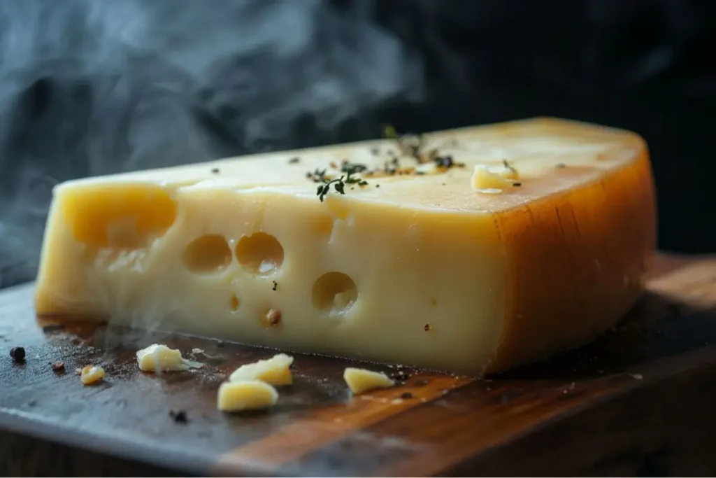 A wedge of smoked Gouda cheese with visible holes, garnished with herbs and black pepper on a wooden board.