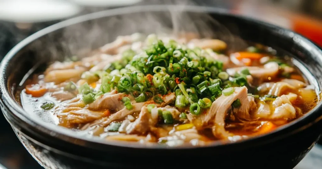 A steaming bowl of swamp soup garnished with fresh chopped green onions, featuring shredded meat, vegetables, and a rich broth.