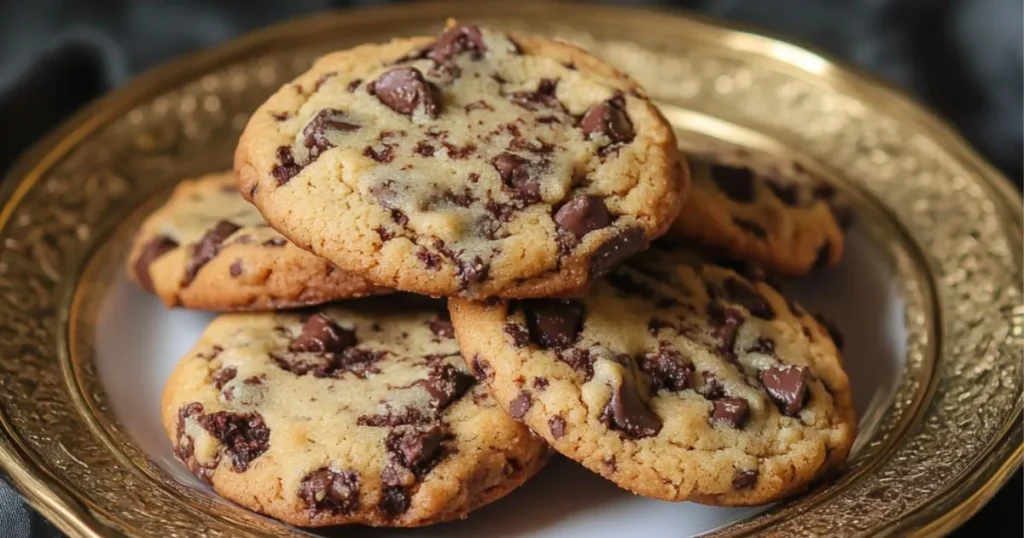 A stack of freshly baked chocolate chip cookies served on a decorative golden plate.