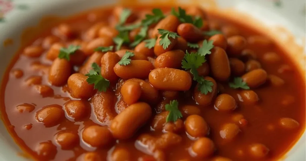 A bowl of cowboy beans in a rich, smoky tomato-based sauce, garnished with fresh cilantro.