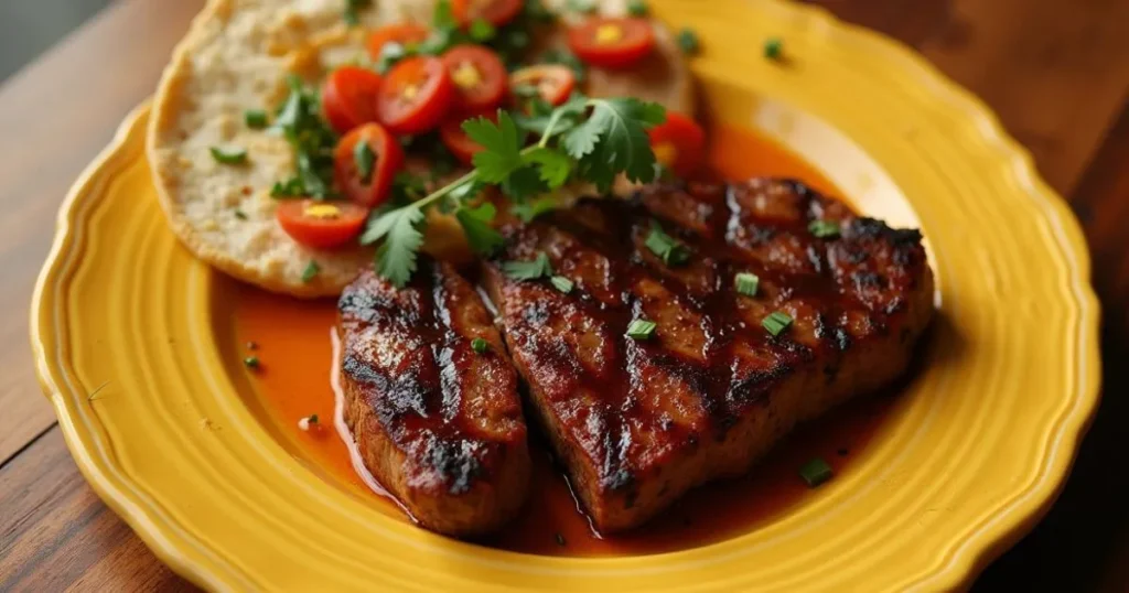 Grilled steak served on a yellow plate with a side of flatbread topped with cherry tomatoes and fresh cilantro garnish.