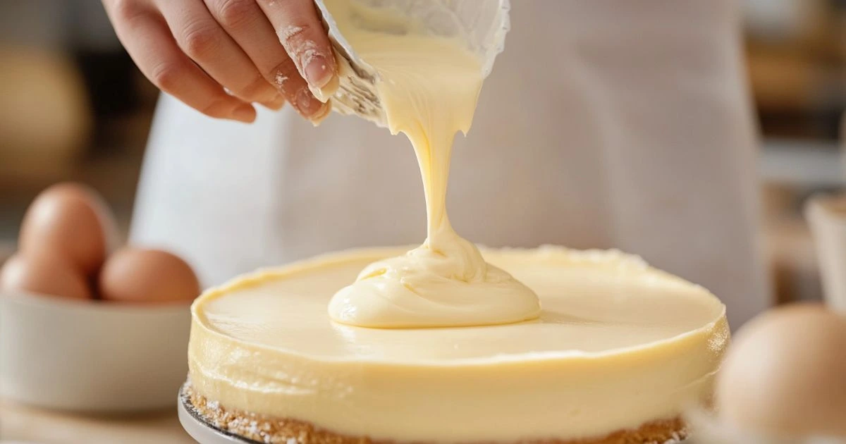 Close-up of creamy cheesecake batter being poured onto a prepared crust, with fresh eggs in the background.