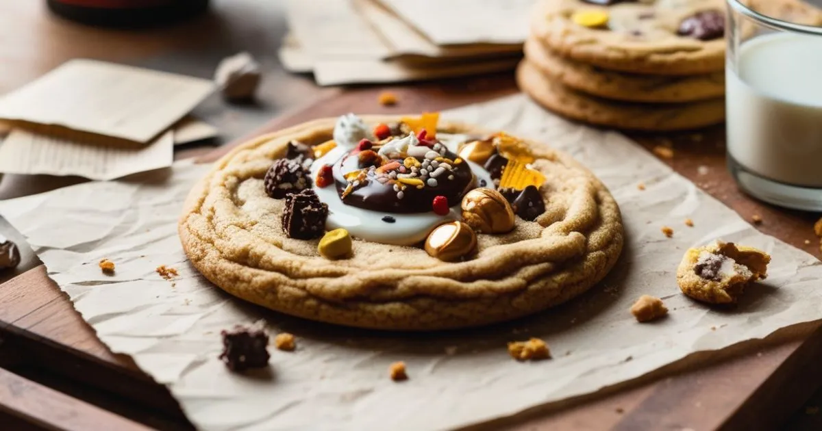 A gourmet cookie topped with chocolate ganache, sprinkles, caramel pieces, and assorted toppings, served on parchment paper.