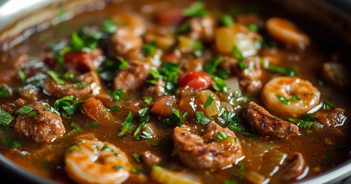 A bowl of hearty soup with shrimp, sausage, vegetables, and fresh herbs in a flavorful broth.